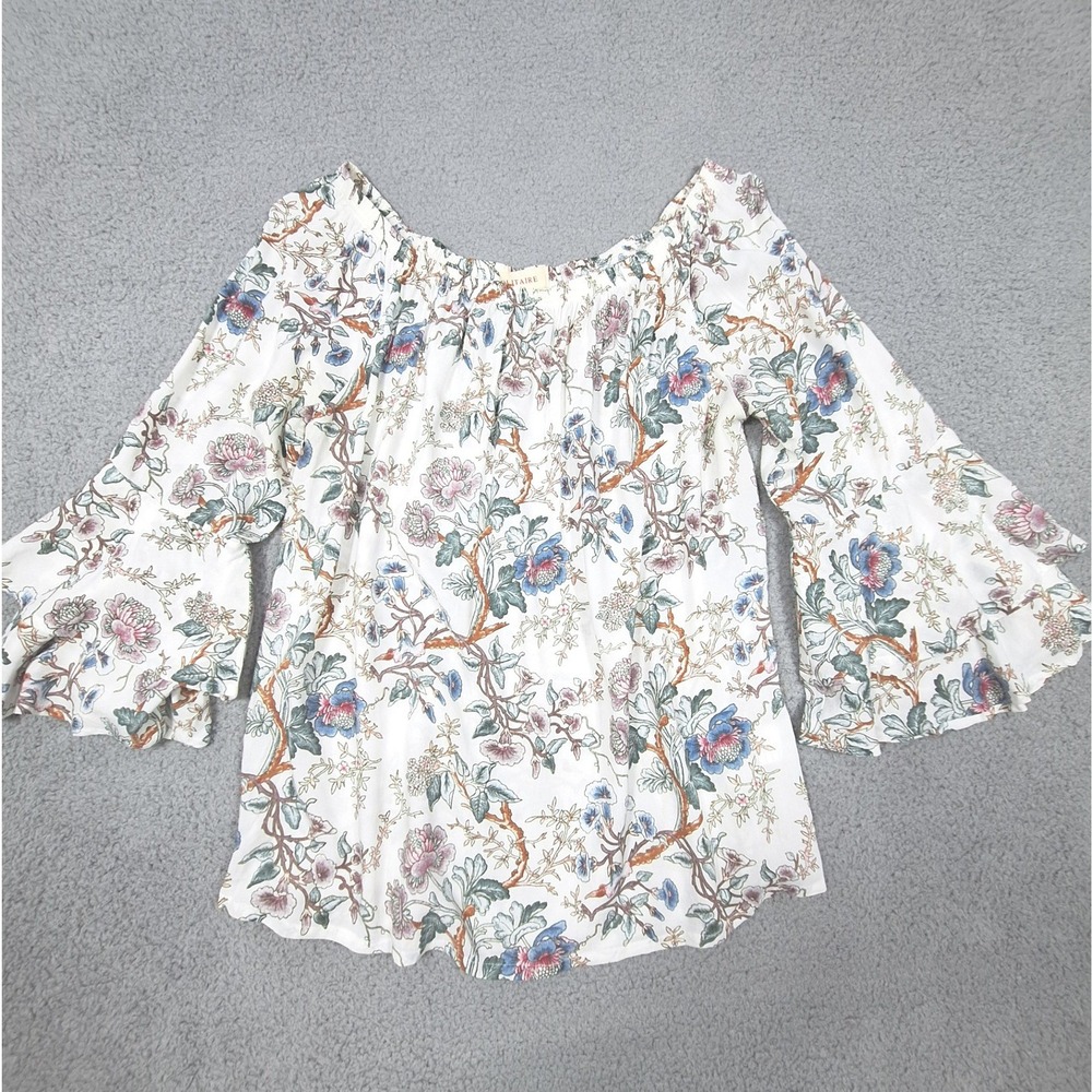 Solitaire Blouse Womens Medium White Floral Boho Ruffle Bell Sleeve 17-3352C